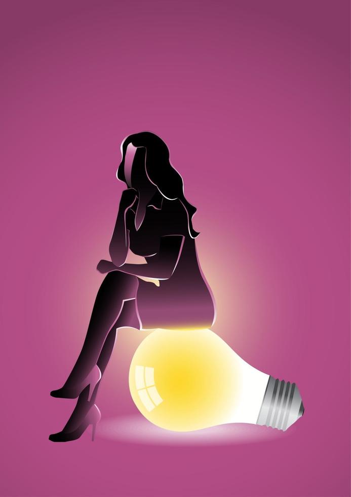 Businesswoman sitting and thinking on a light bulb vector