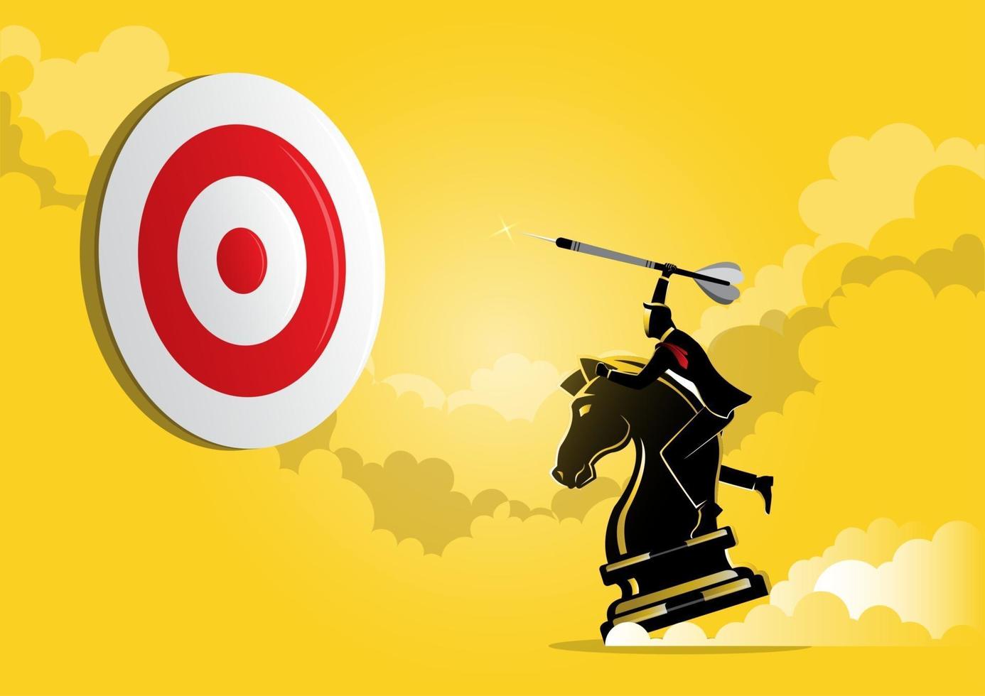 Businessman holding a dart arrow while riding chess knight piece vector