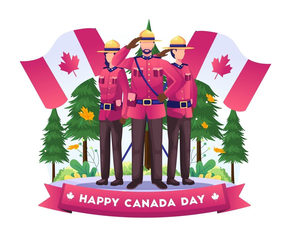 Soldados canadienses de pie celebrando respetuosamente el día de la independencia de Canadá con banderas nacionales el 1 de julio ilustración vector