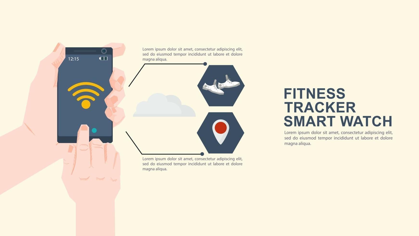 Iconography for flat style design mobile phone in hand launches fitness training app vector