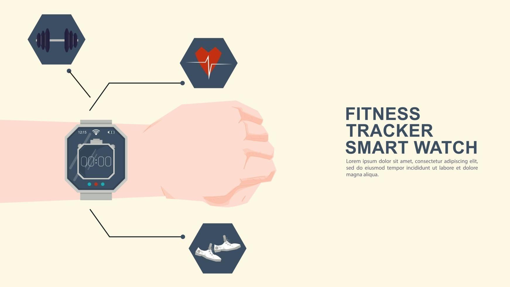 Iconography for flat design hand with wristwatch fitness tracker and icons with functionality vector