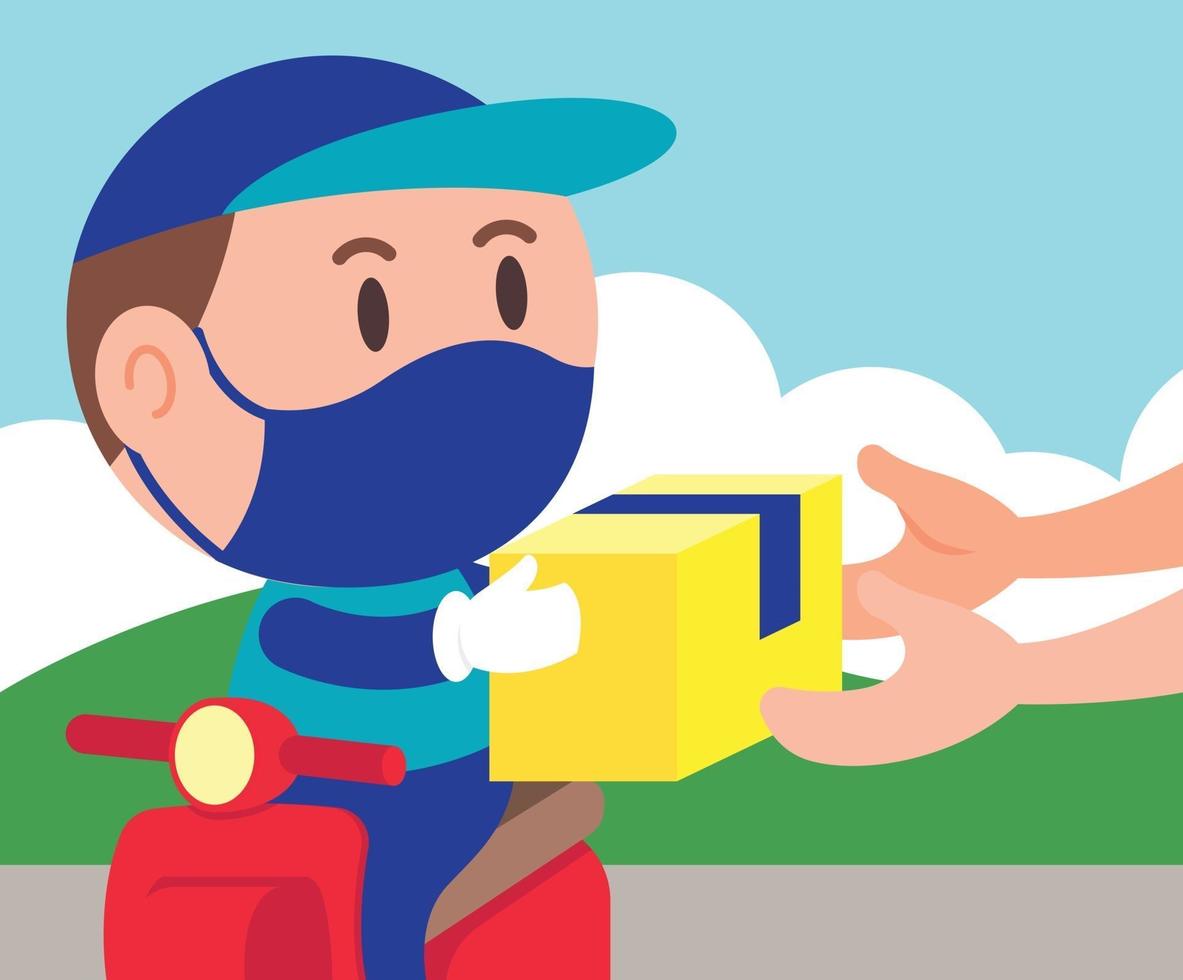 Delivery courier man riding scooter and handing over parcel to customer on sunny day background vector