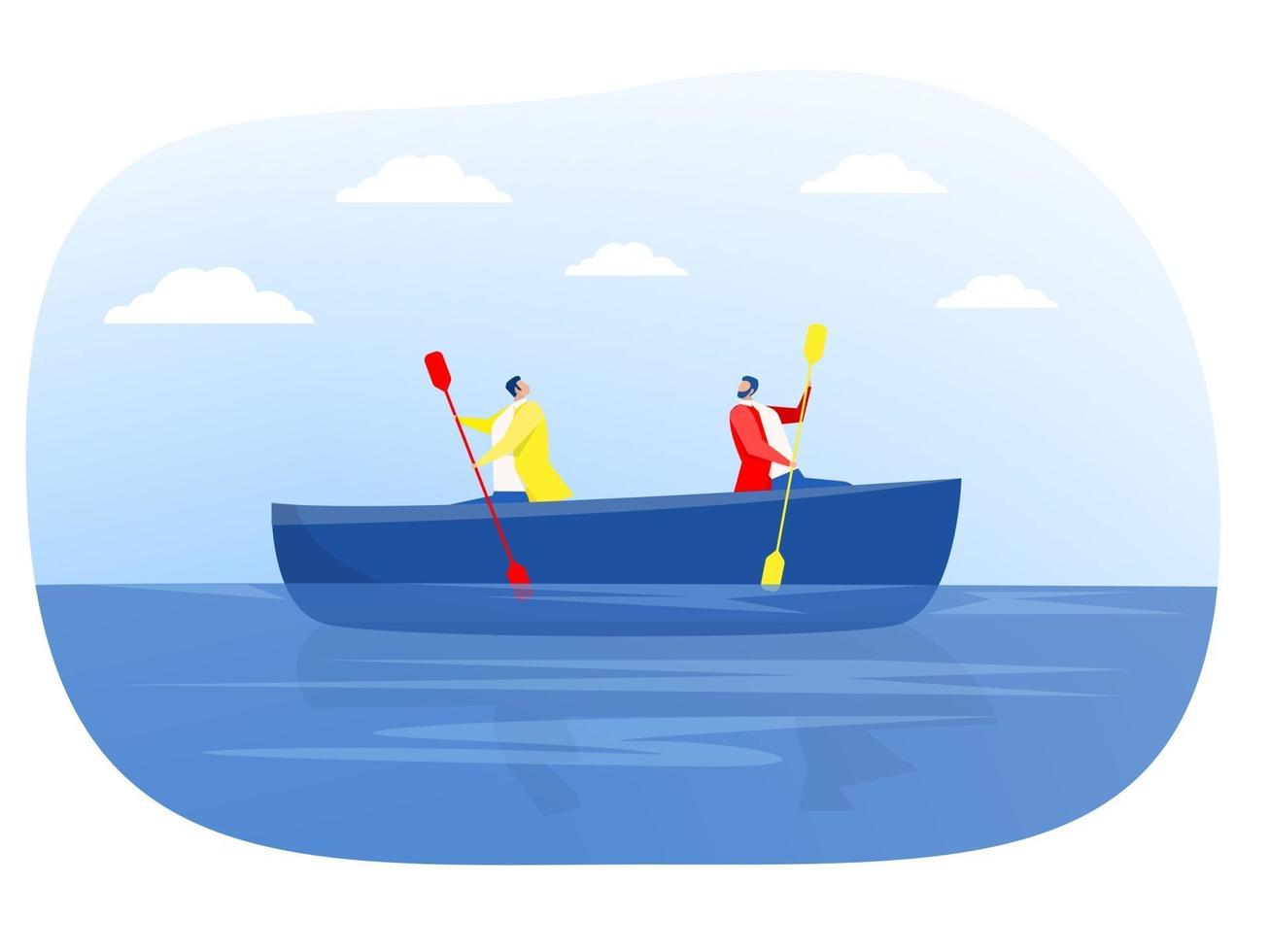 Two businessmen rowing in different directions on canoe. Conflict situation vector illustration