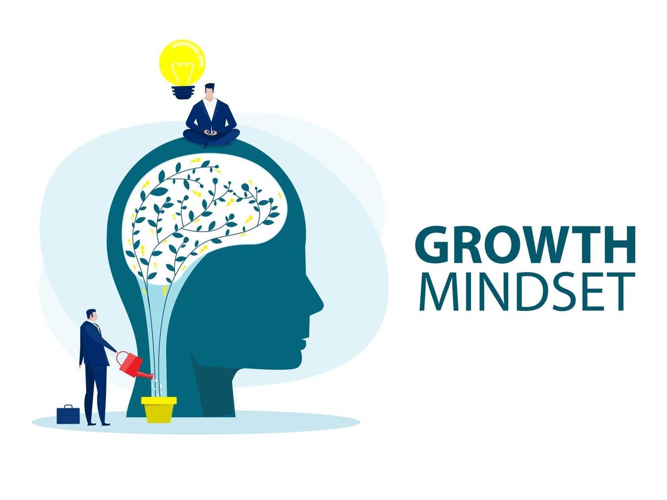 Businessman watering plant growing inside head and man sitting on top of head vector