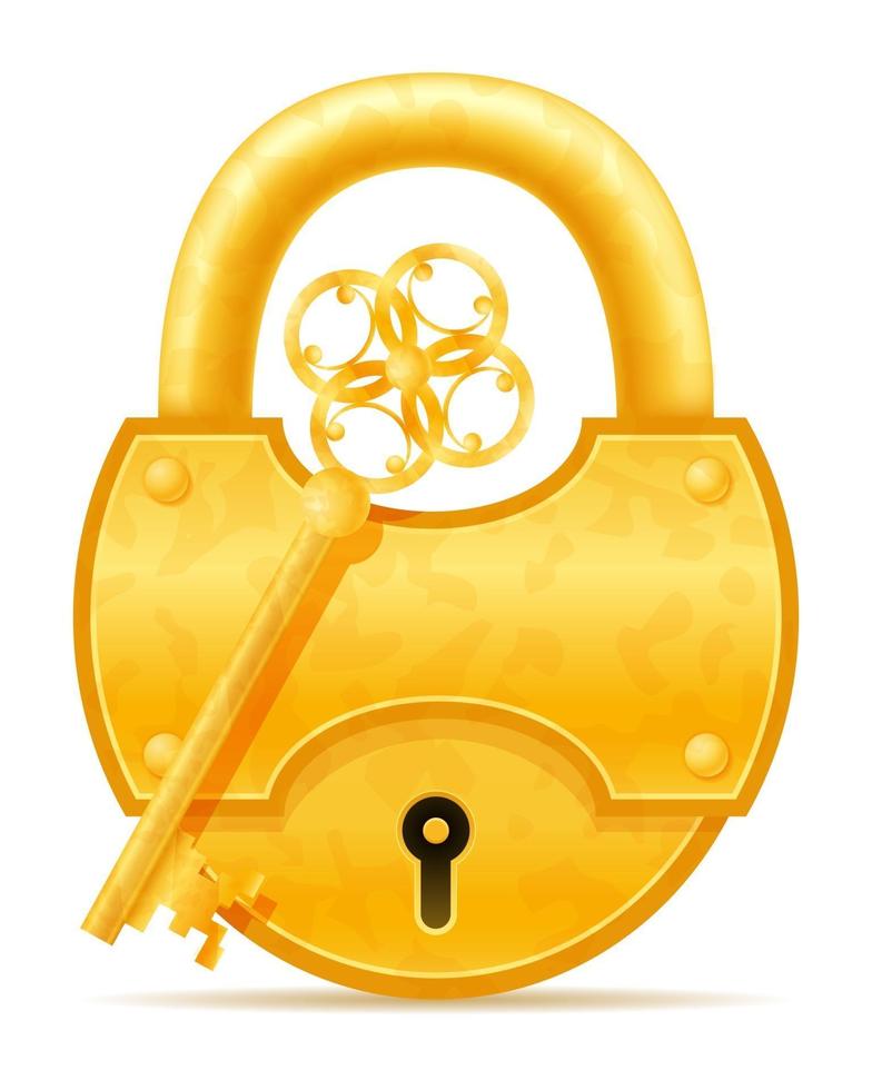 Ilustración de vector stock de cerradura y llave vintage dorada aislada sobre fondo blanco