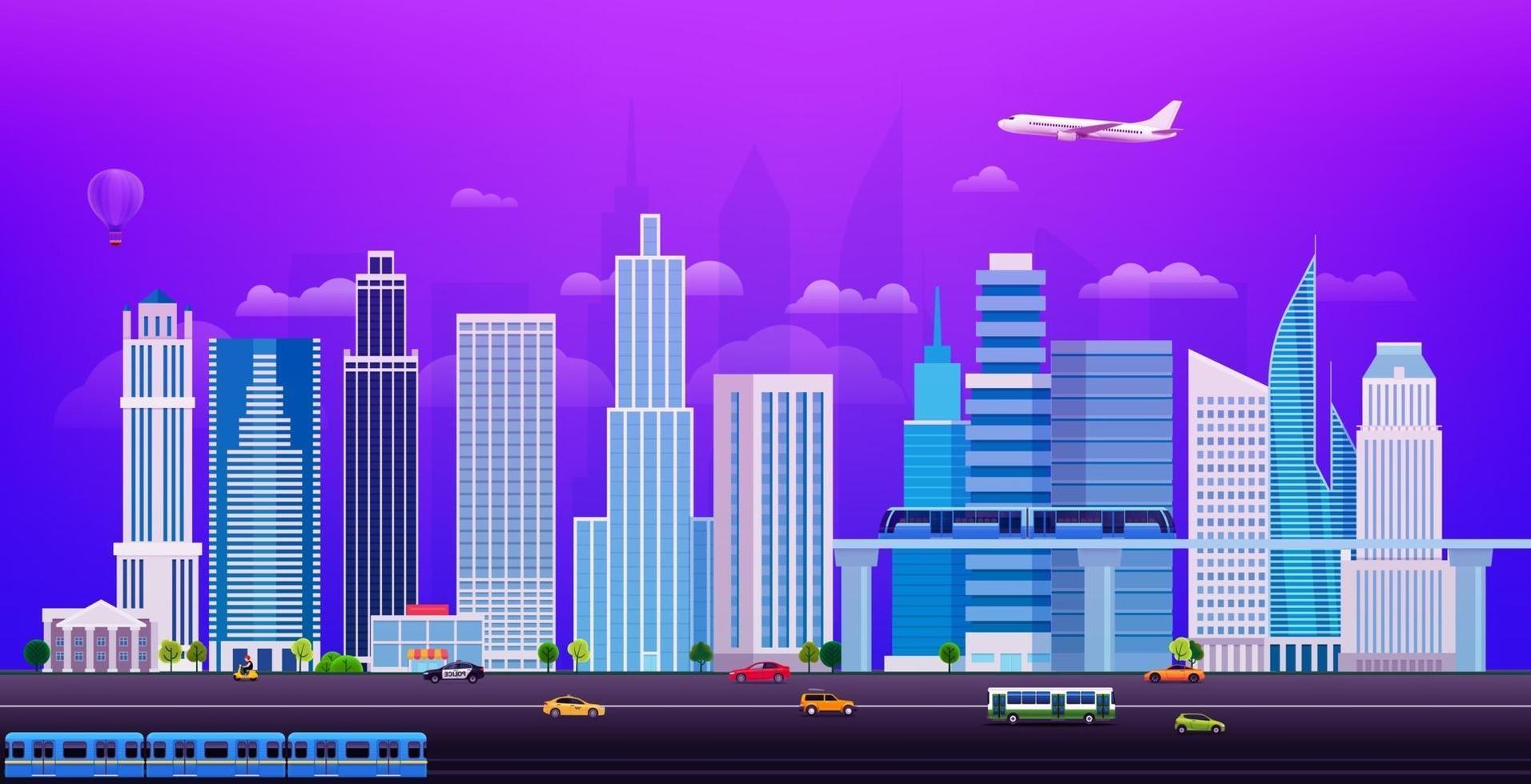 Evening cityscape with different city transport vector