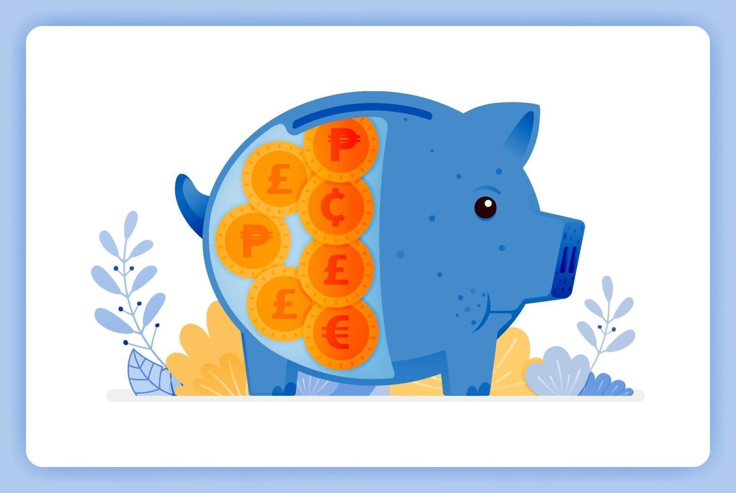 Blue piggy bank with foreign money saving and investing. Can be used for landing pages, websites, posters, mobile apps vector