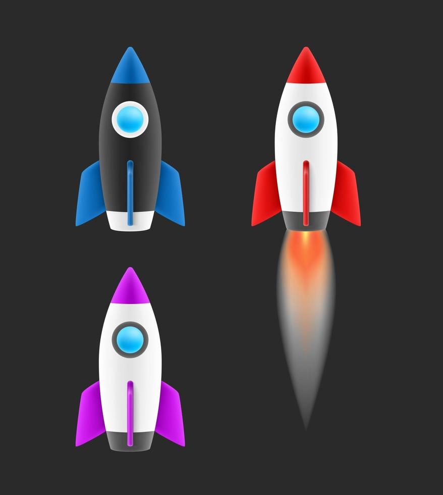 3d style vector space rockets set on black background