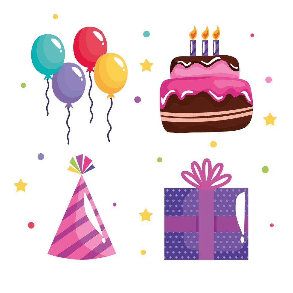 bundle of four party birthday celebration icons vector