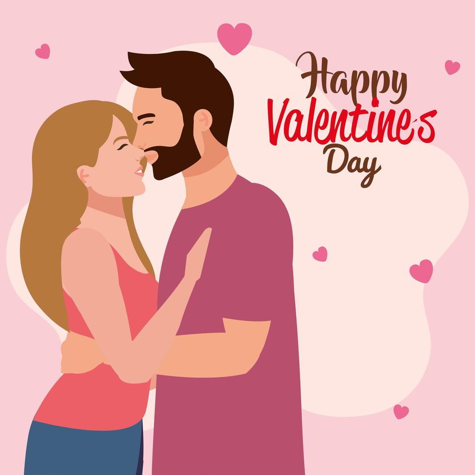 happy valentines day card with young lovers couple kissing and ...