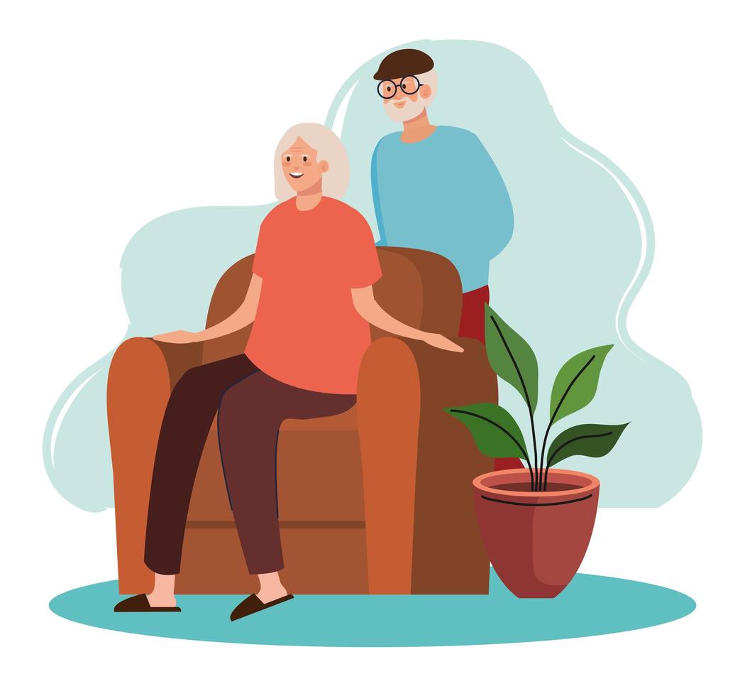 elderly old couple seated in the livingroom vector