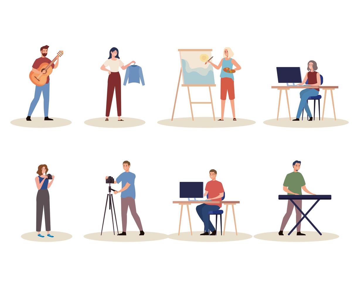 group of eight creative young people characters vector