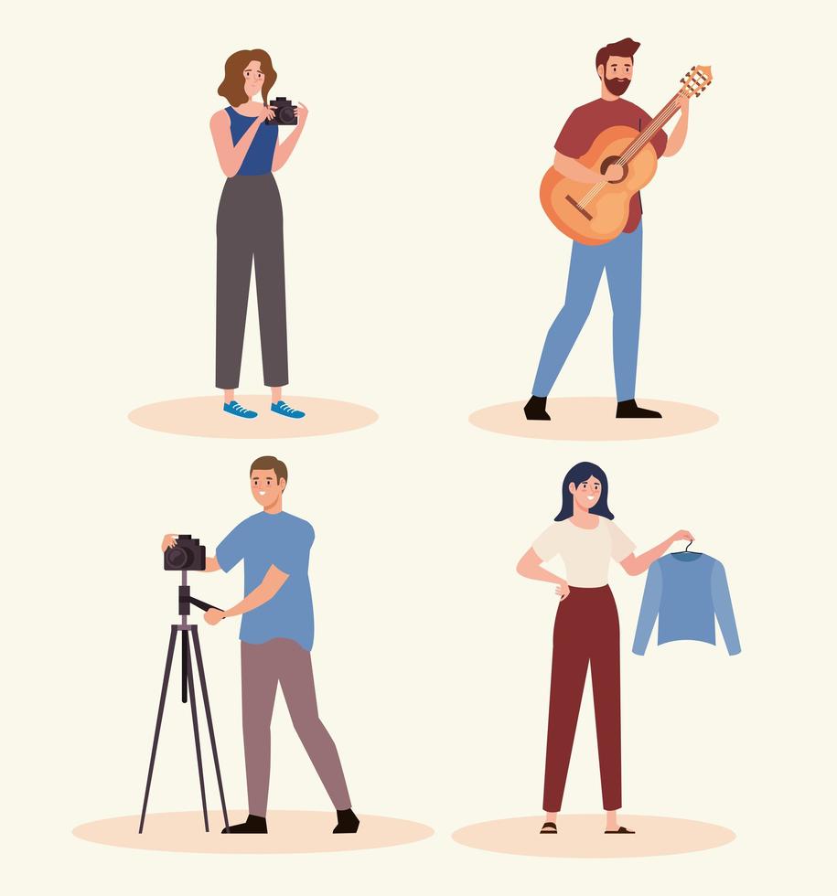 group of four creative young people characters vector