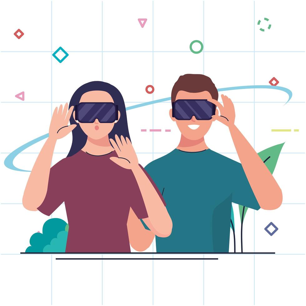 young couple using reality virtual masks technology devices vector