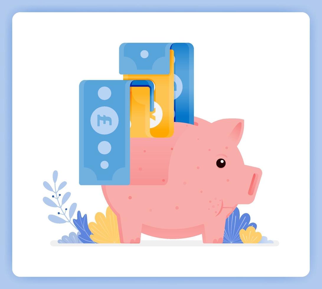 Pink piggy bank with bank note being issued, open investment savings. Can be used for landing pages, websites, posters, mobile apps vector