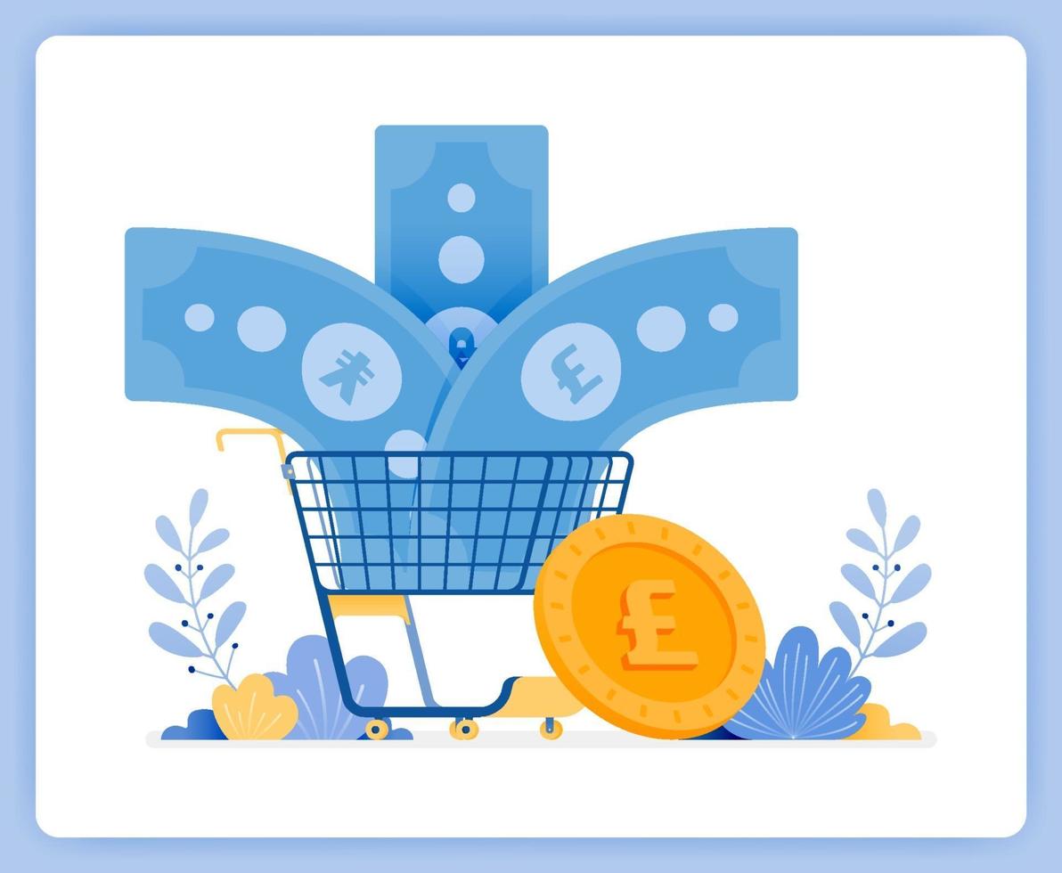Foreign banknote currency entering shopping cart, euros not bought. Can be used for landing pages, websites, posters, mobile apps vector