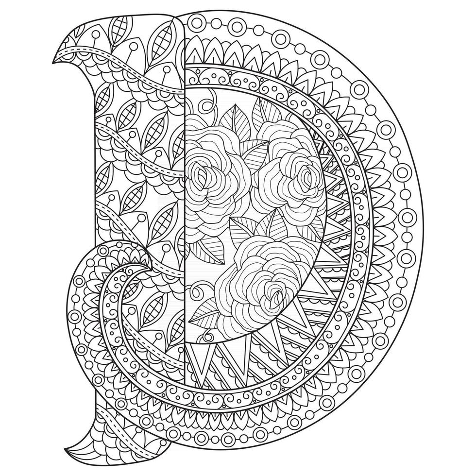 Alphabet D hand drawn for adult coloring book vector