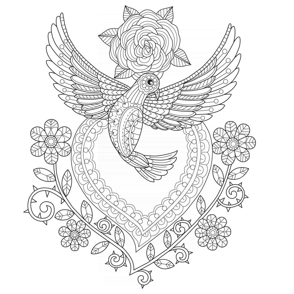 Dove and  heart hand drawn for adult coloring book vector