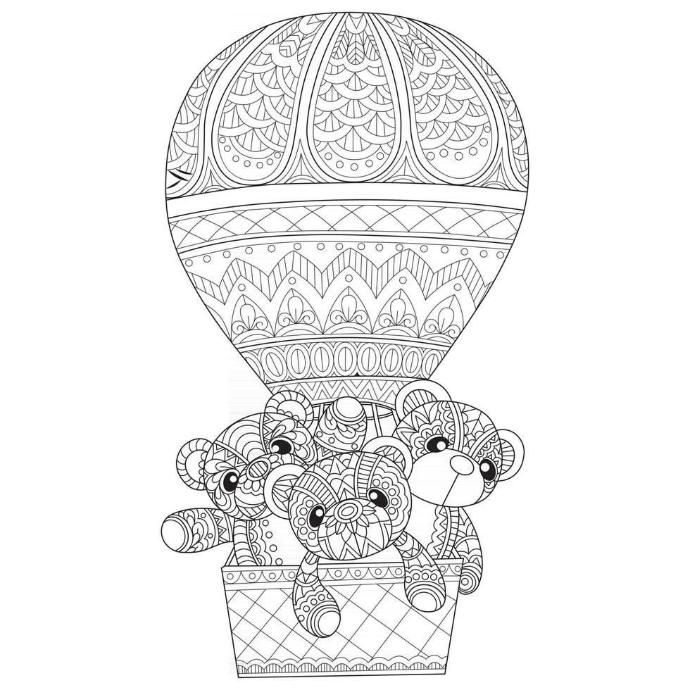 Teddy bears on balloon hand drawn for adult coloring book vector