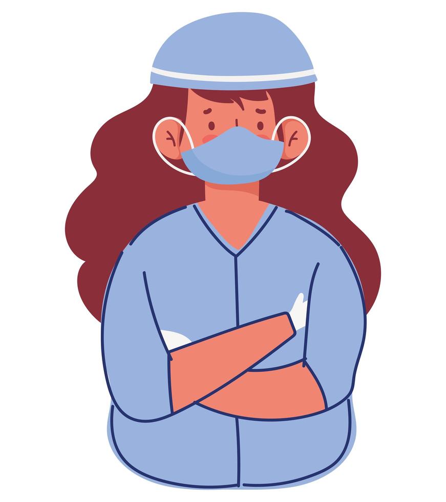 female nurse with suit hat and protective mask cartoon vector