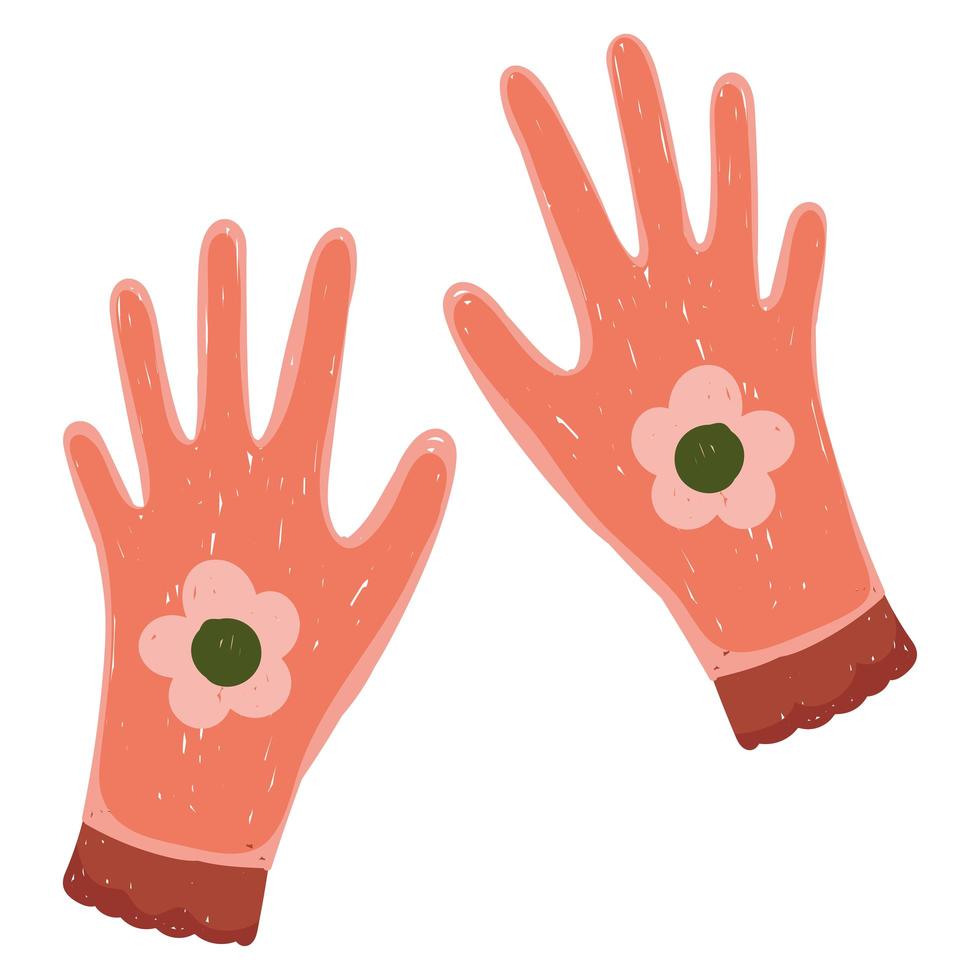 guantes de jardinería con suministros de flores color dibujado a mano vector