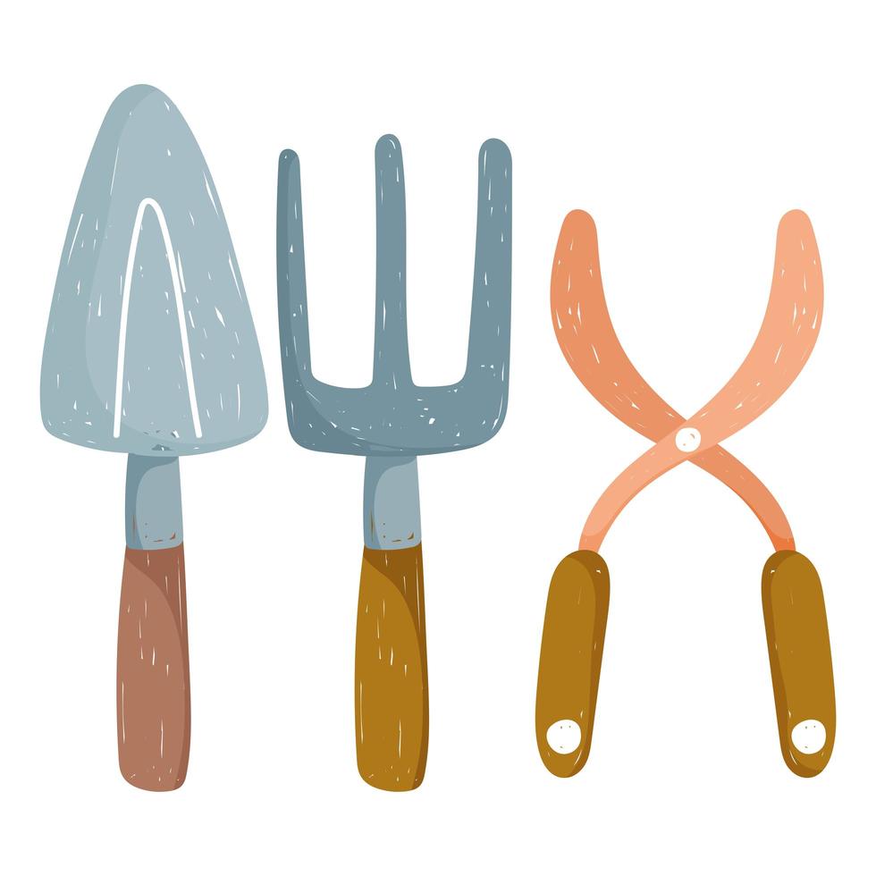 gardening agriculture tools trowel rake and scissors hand drawn color vector