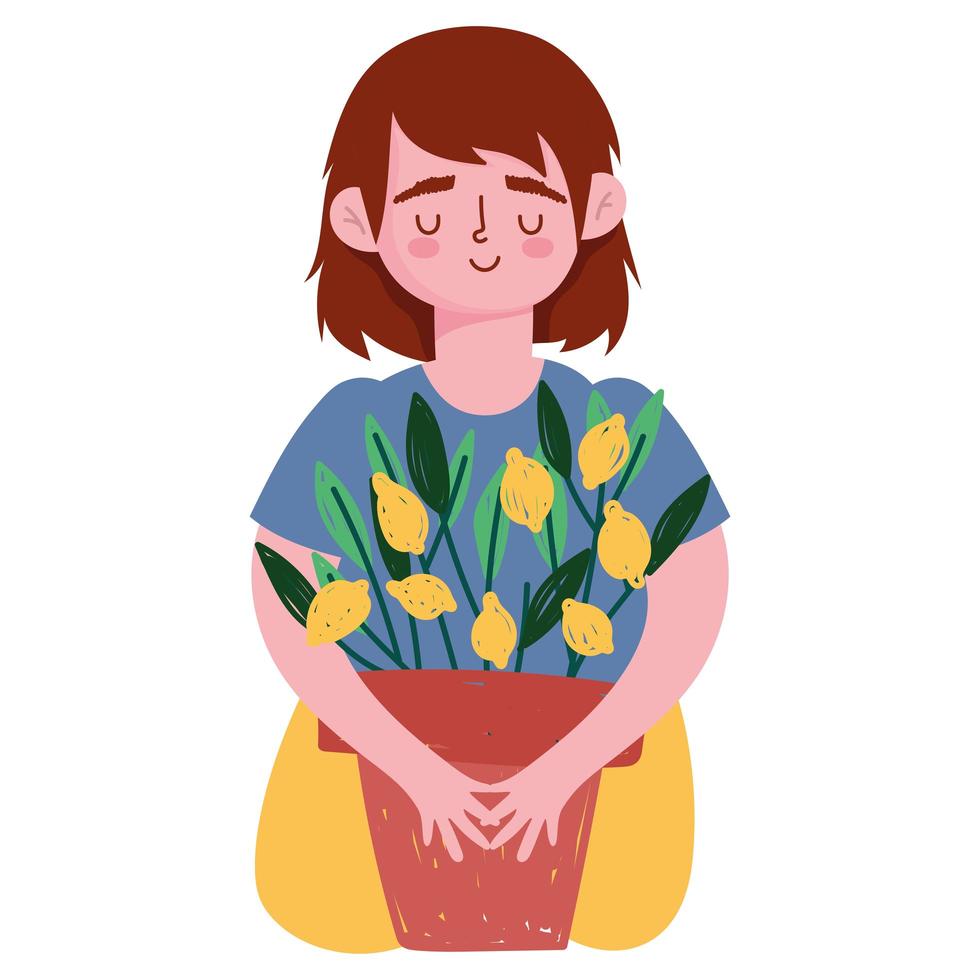 gardening girl with lemon plant in the pot vector