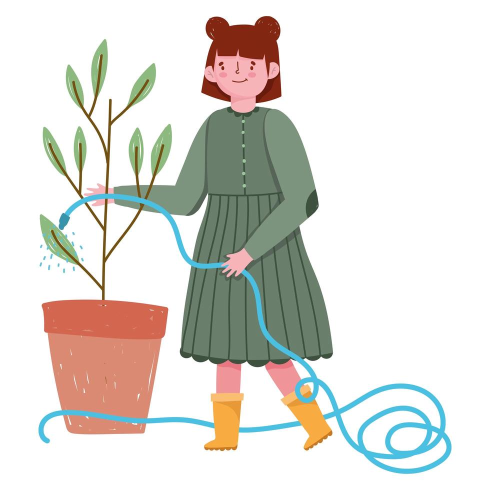 Jardinería niña rociando agua a una planta con manguera vector