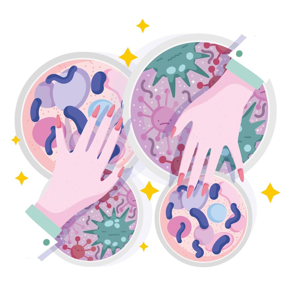 hands with a petri dishes medical research laboratory glassware vector