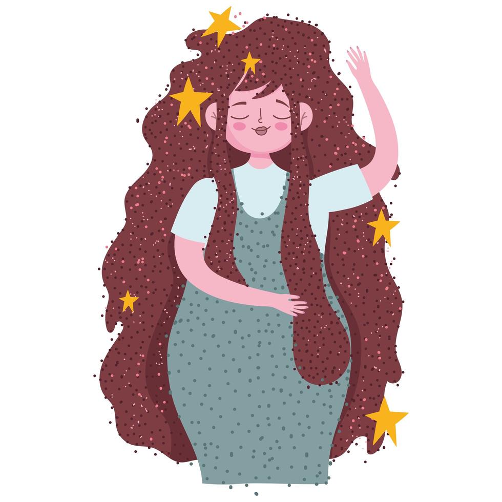 mujer hermosa joven con estrellas de dibujos animados de cabello castaño vector