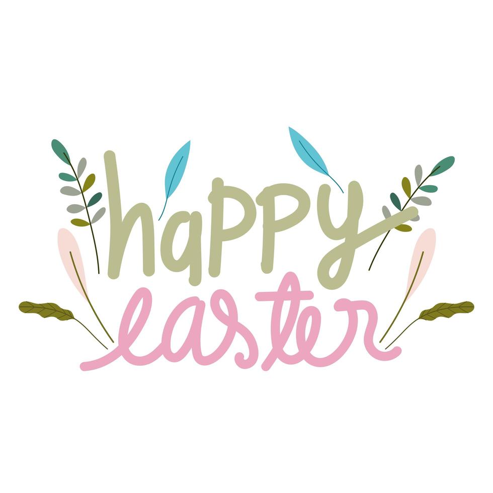 happy easter hand drawn lettering leaves nature isolated white background vector