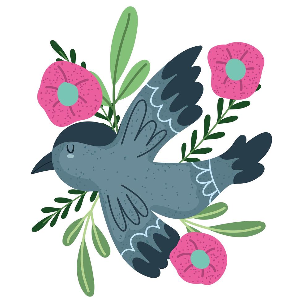 pájaro, flores, hoja, rama, natural, aislado, estilo vector