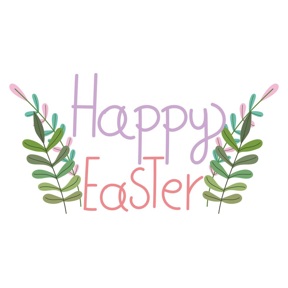 happy easter handwritten text and foliage decoration isolated white background vector