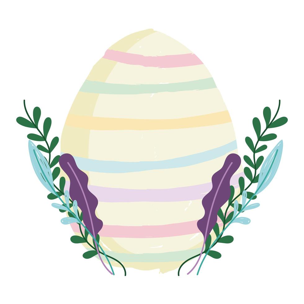 cute easter colored stripes egg with foliage nature white background vector