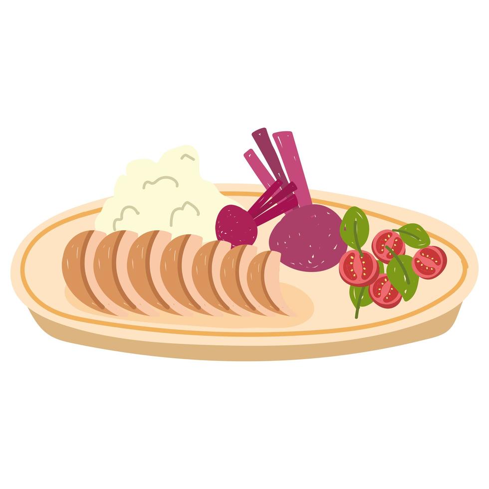 healthy food salad vegetables puree and meat flat icon style vector