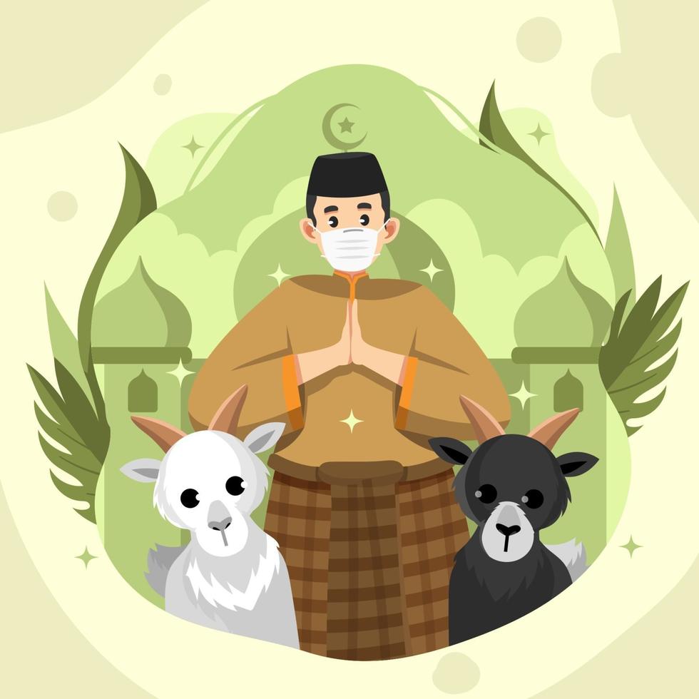 Eid Adha Celebration with Moslem And Two Goats vector