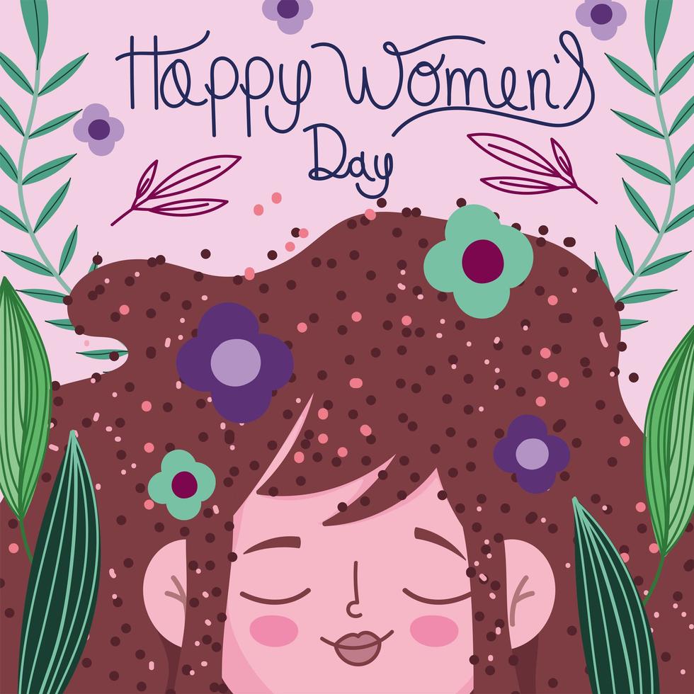 happy womens day hand drawn lettering face girl with flowers vector