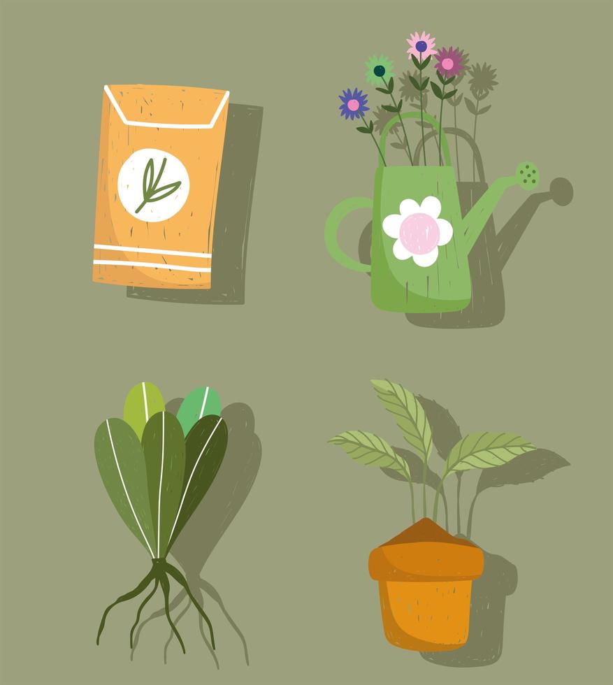 jardinería conjunto de iconos regadera plantas y paquete de semillas color dibujado a mano vector
