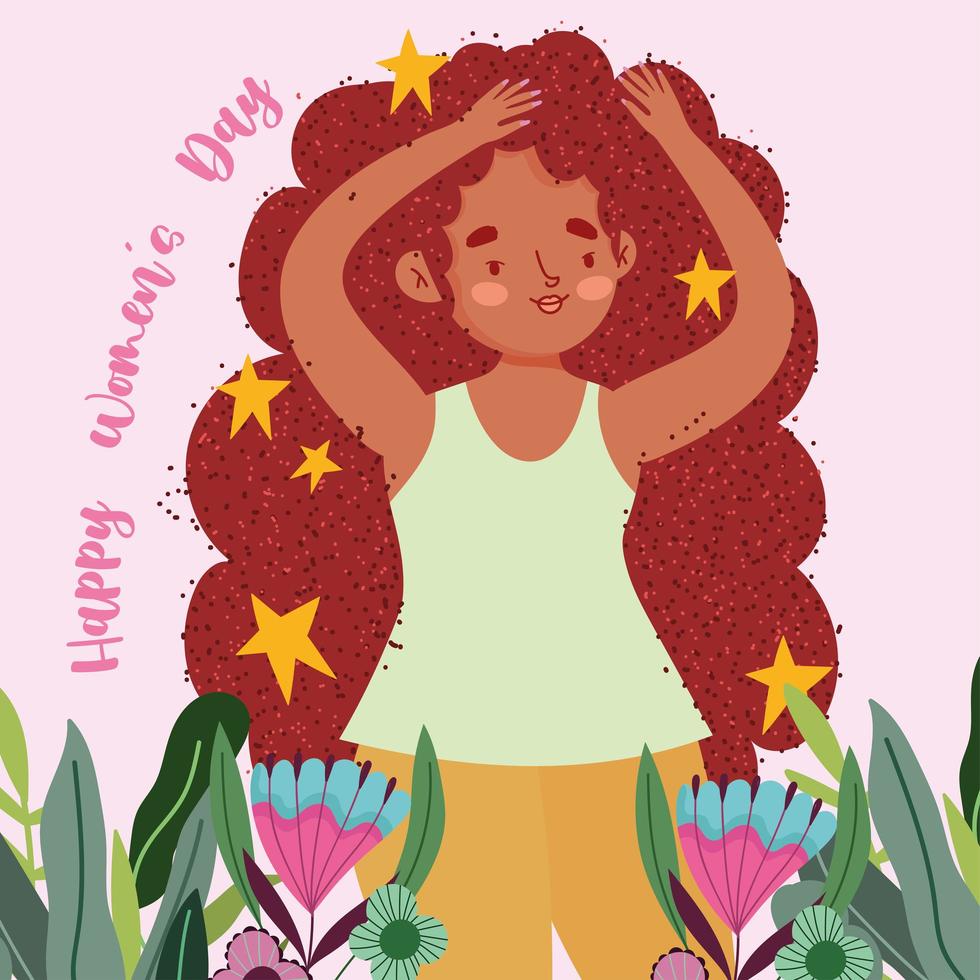 happy womens day cute girl with stars long hair and flowers vector