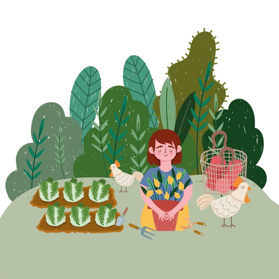 girl with chicken plants lemon cabbage plantation and tomatoes vector