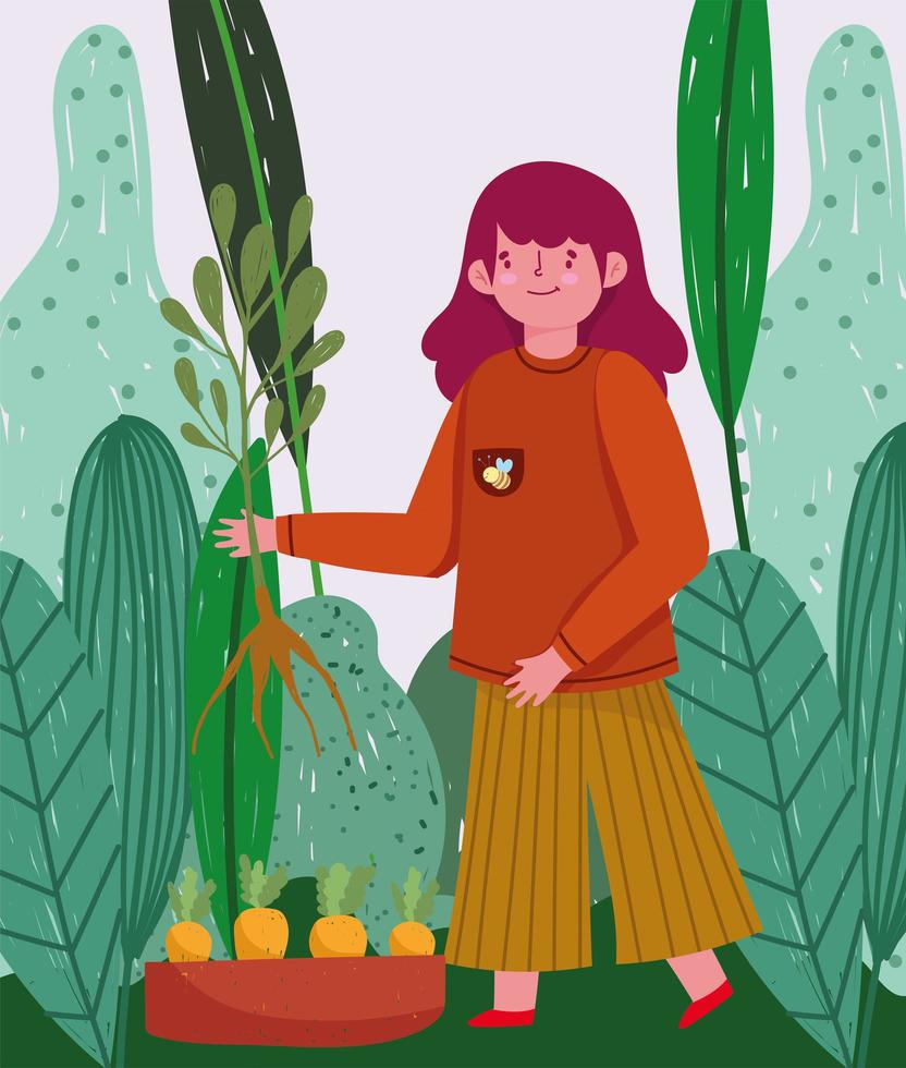 gardening girl with carrot plantation plant and nature foliage vector