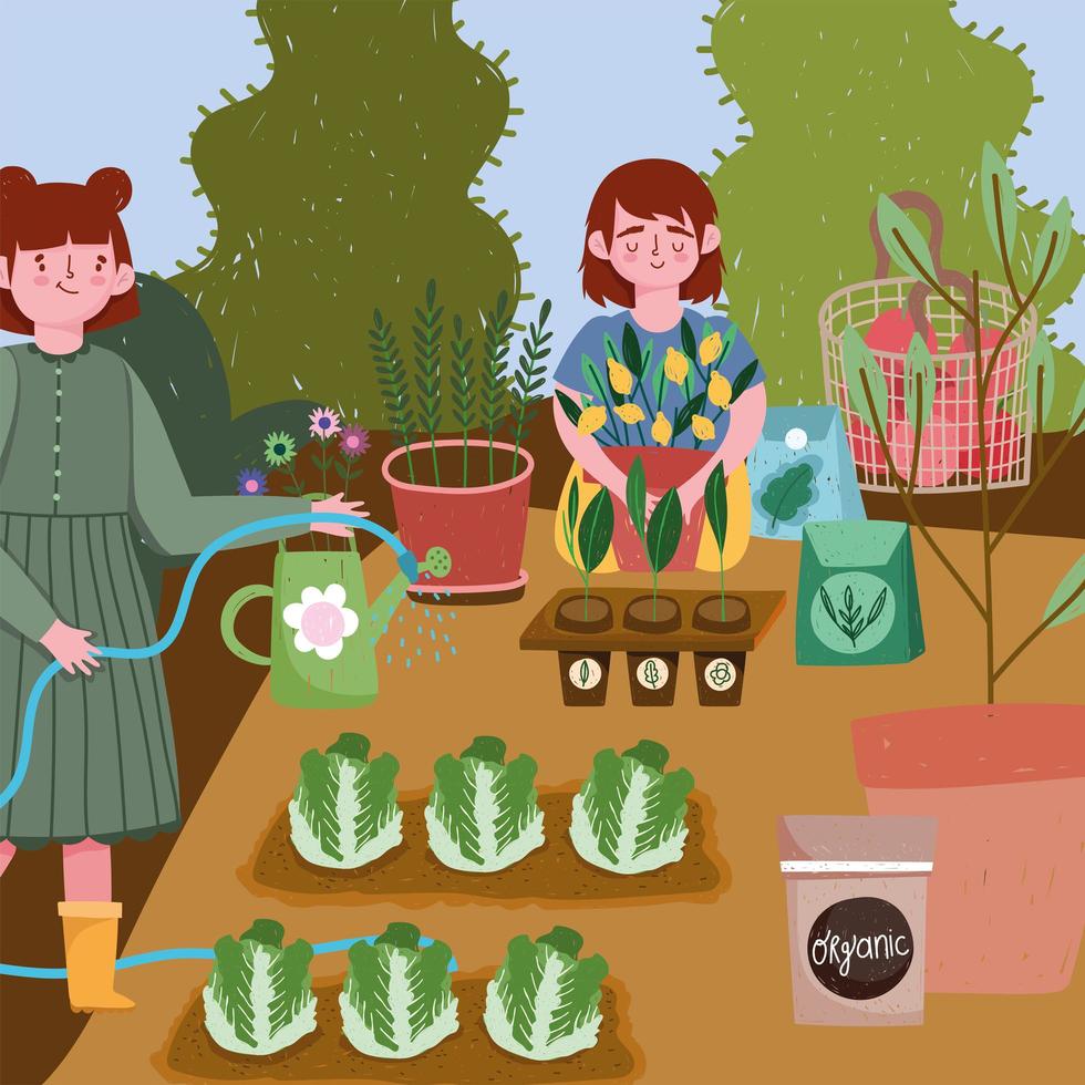 jardinería niñas rociando agua semillas de plantantion vector