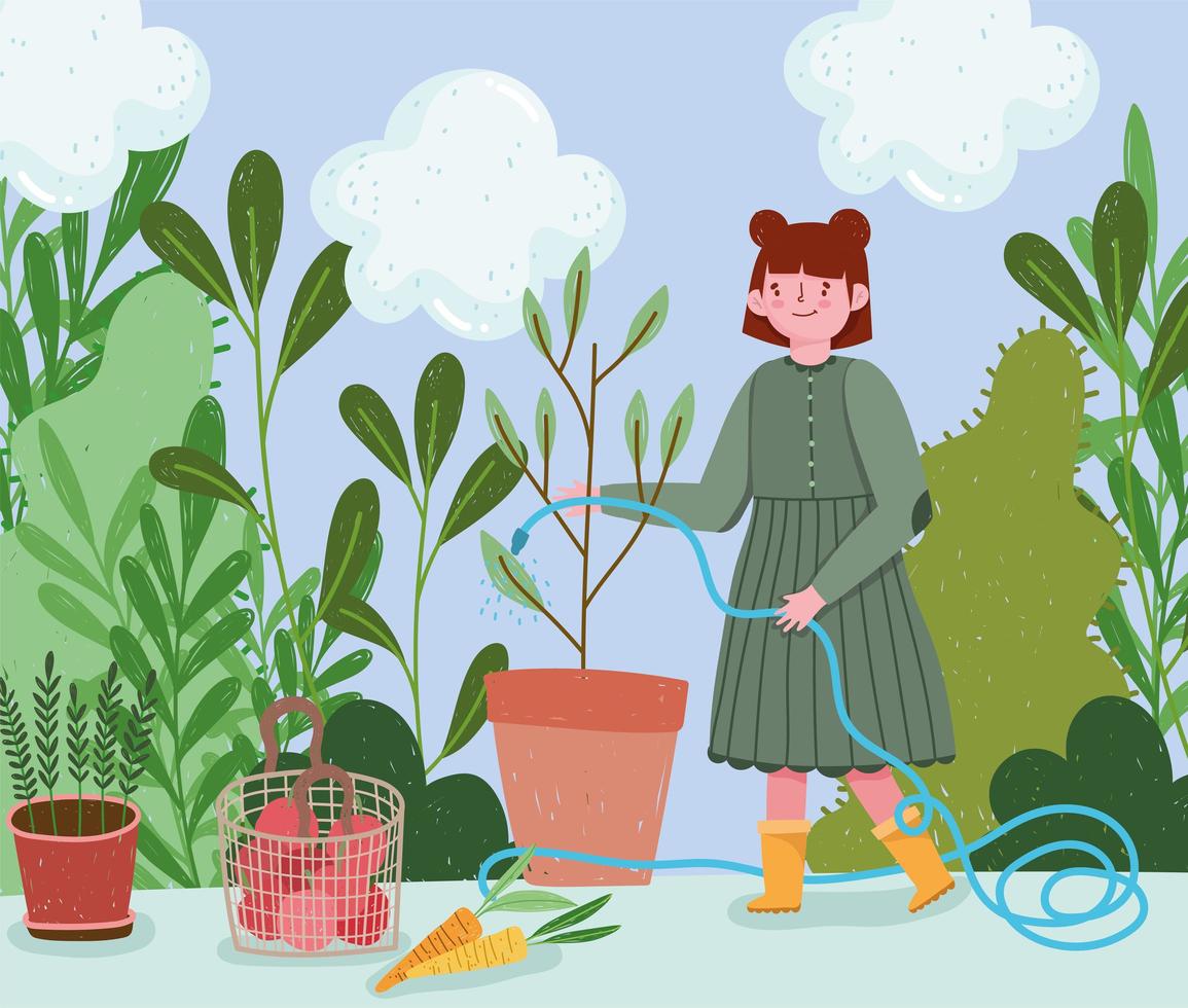 gardening girl spraying water to a plant with hose vector