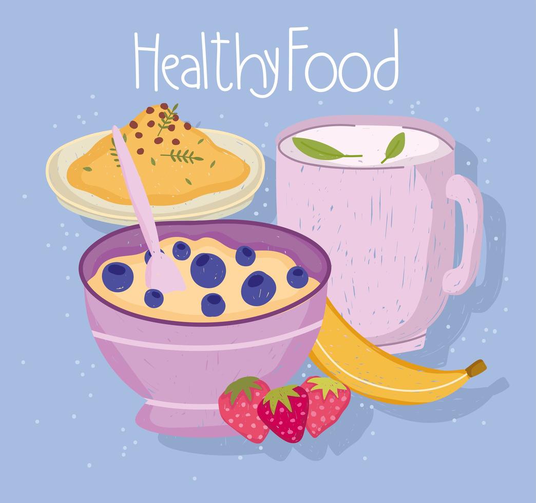 healthy food cereal tea cup fruits and rice vector