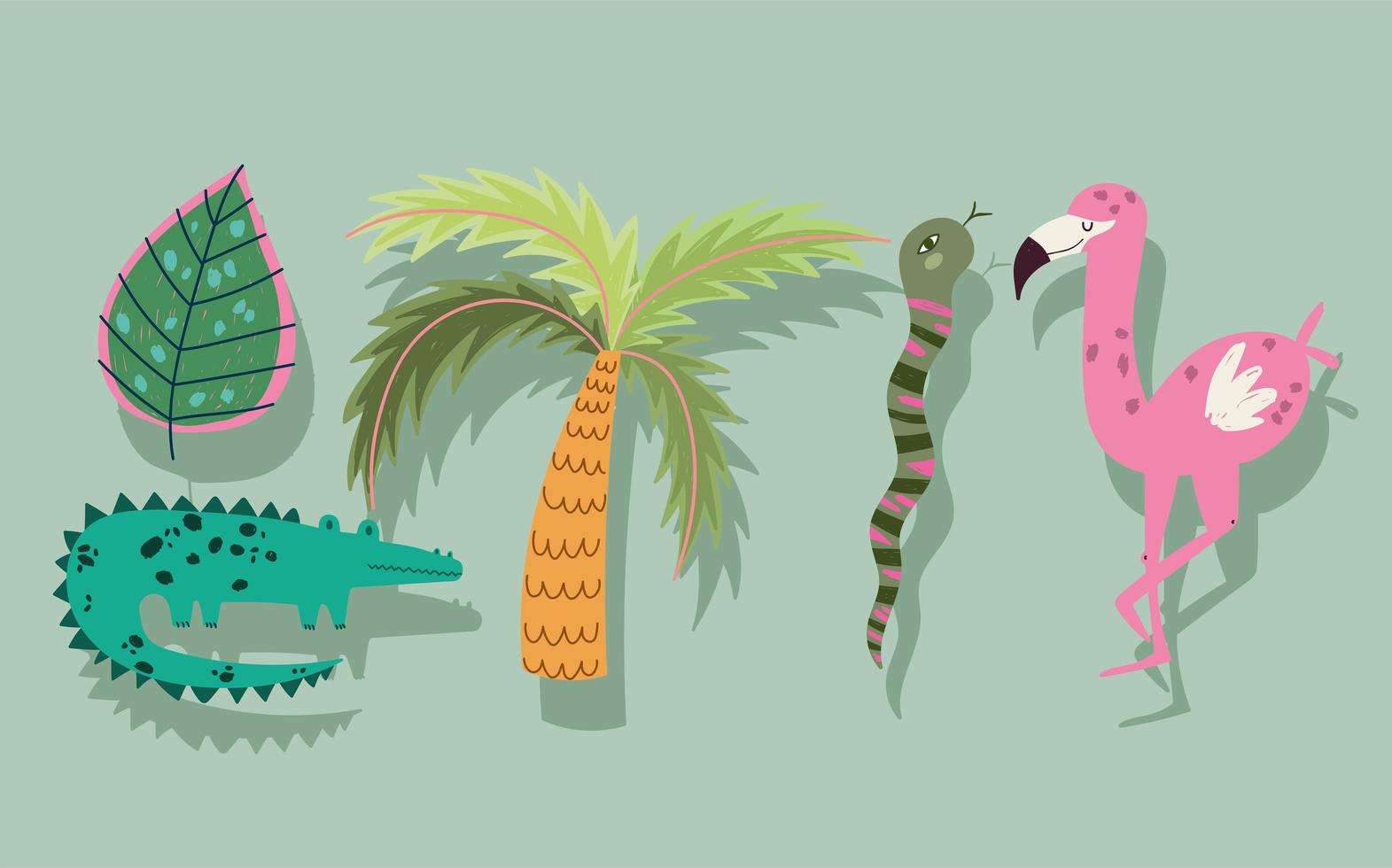 cartoon jungle animals flamingo crocodile snake palm leaf vector