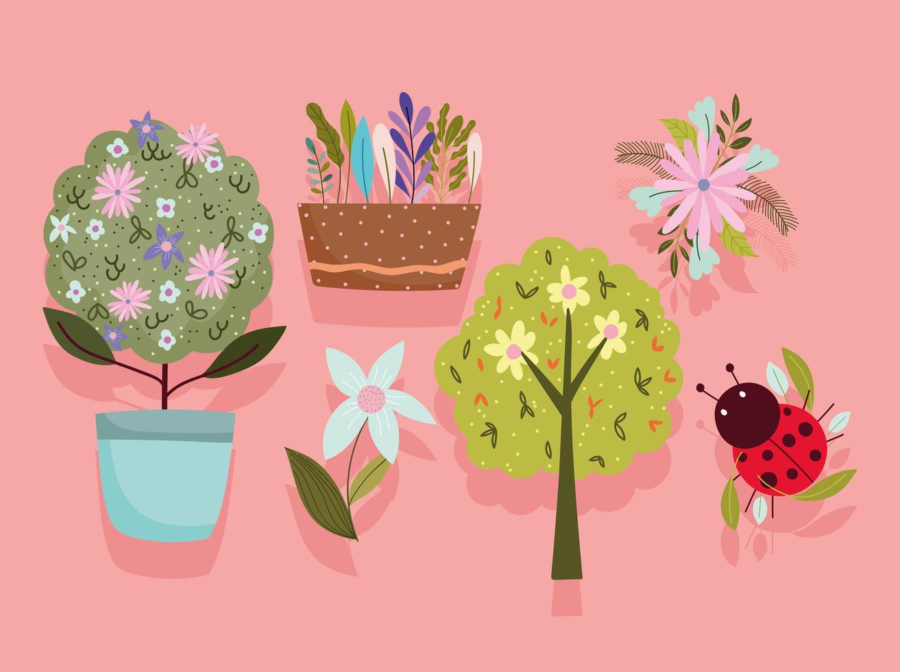 primavera, conjunto, de, planta, árbol, flores, boquet, y, mariquita vector