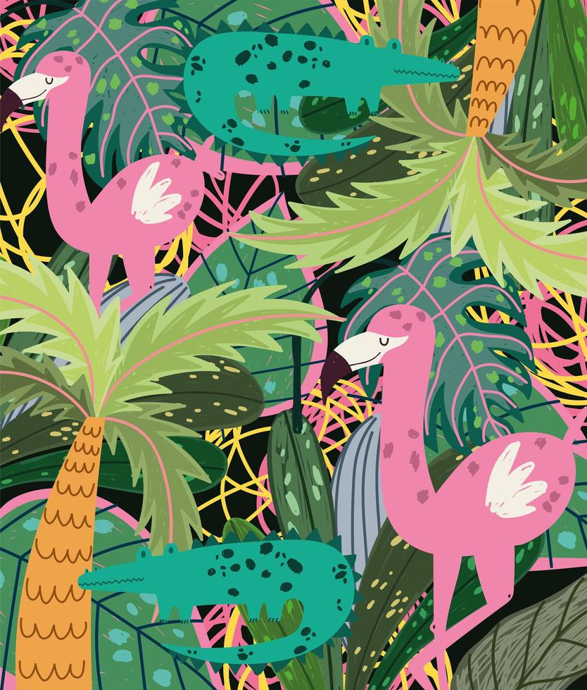 cartoon jungle animals flamingos crocodiles tropical palm tree foliage vector