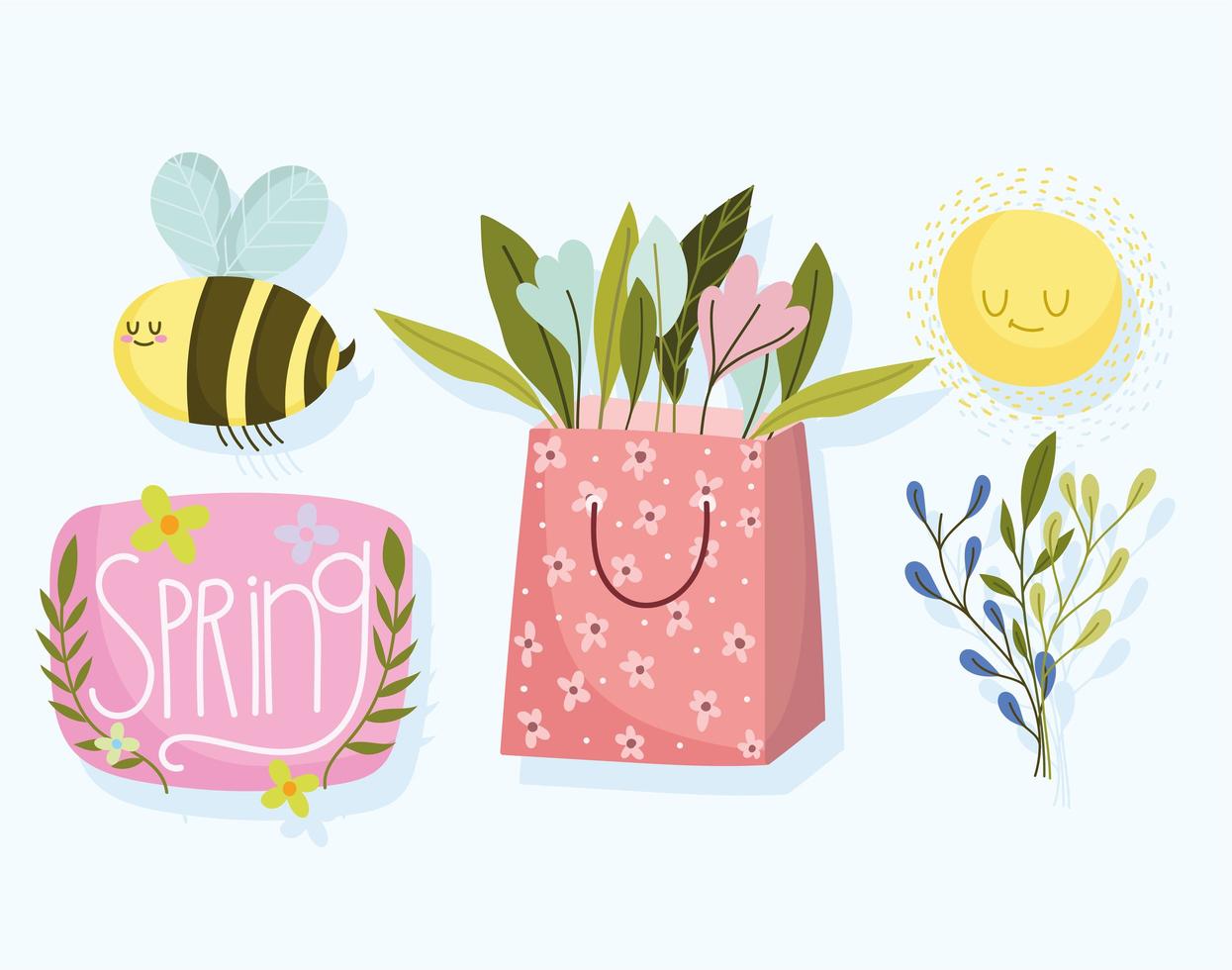 spring cartoon bee flowers in sun branch season icons vector