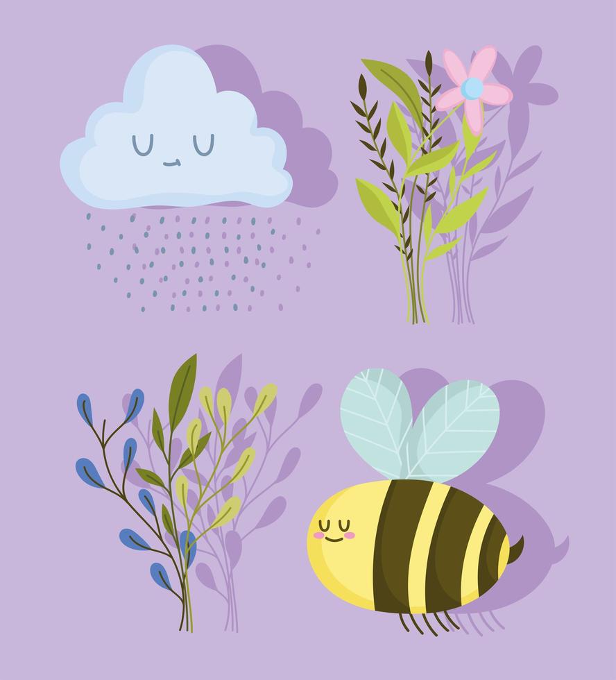 spring bee flowers cloud raindrops and vector