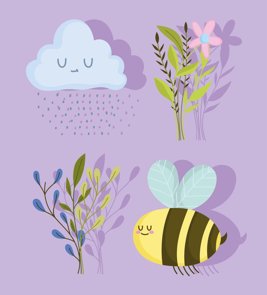 primavera abeja flores nube gotas de lluvia y vector